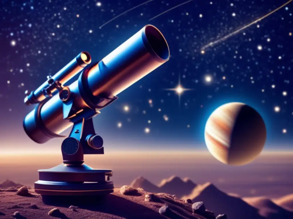 A photorealistic depiction of a telescope aimed at a far-off planet in a sea of stars, evoking a sense of wonder and scientific curiosity