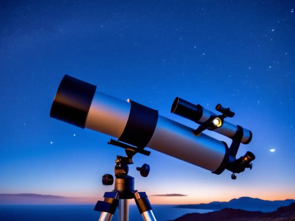 A telescope focused on the stars above reflects in a clear surface below, surrounded by a serene atmosphere