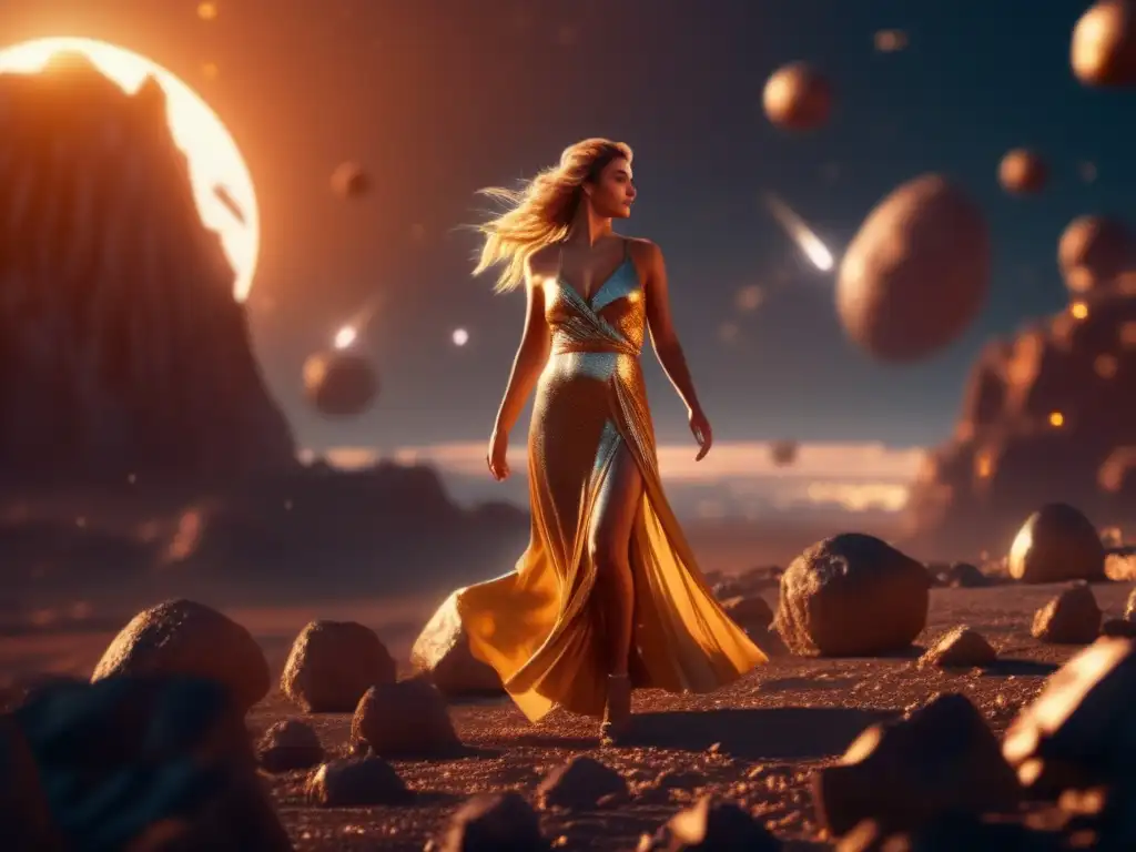 Aphrodite's ethereal spin captures her essence amidst jagged asteroids, bathed in warm golden light