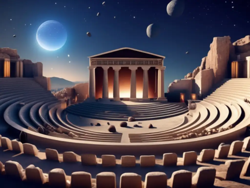 A photorealistic depiction of a Greek theater amidst an asteroid field