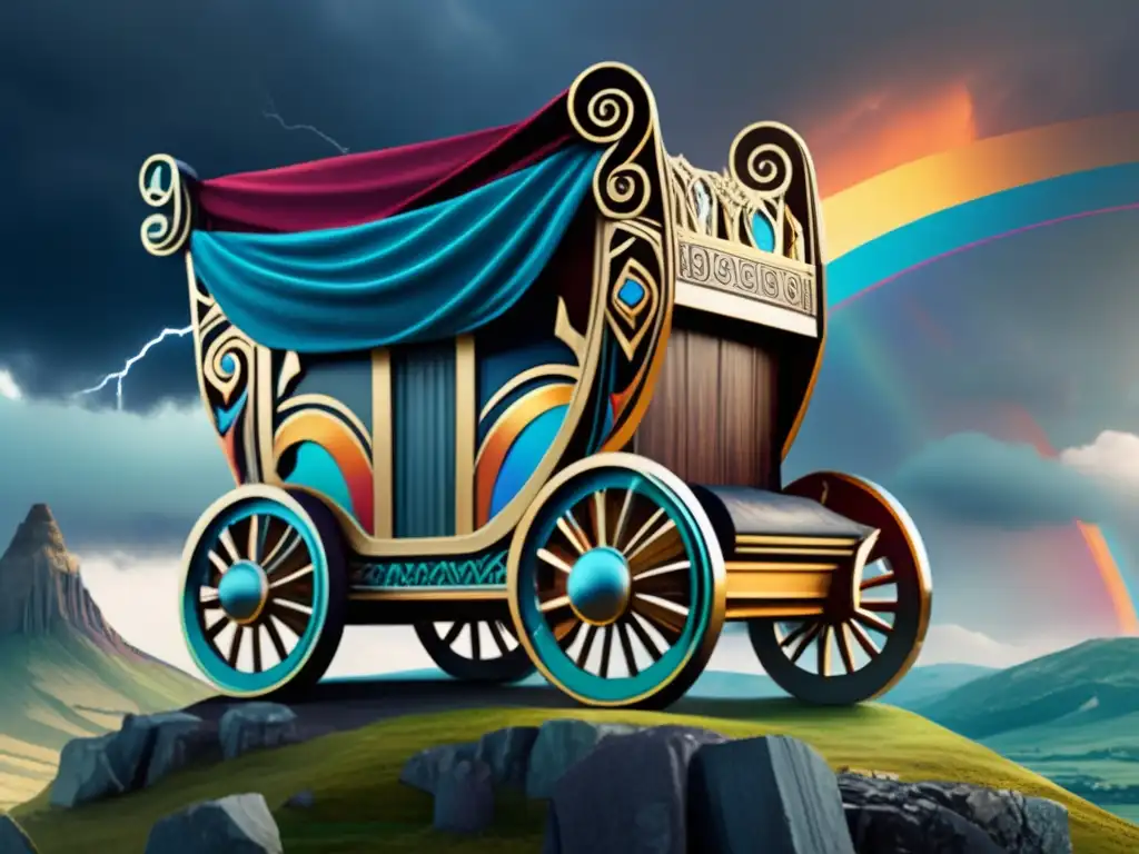 A mesmerizing Norse artwork of Thor's Chariot, vibrantly portrayed with flawless detail on a mountaintop during a thunderstorm