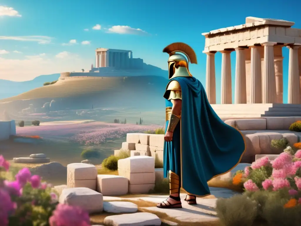 A photorealistic depiction of ancient Greece, with Deiphobus atop a rocky outpost, overlooking a verdant valley