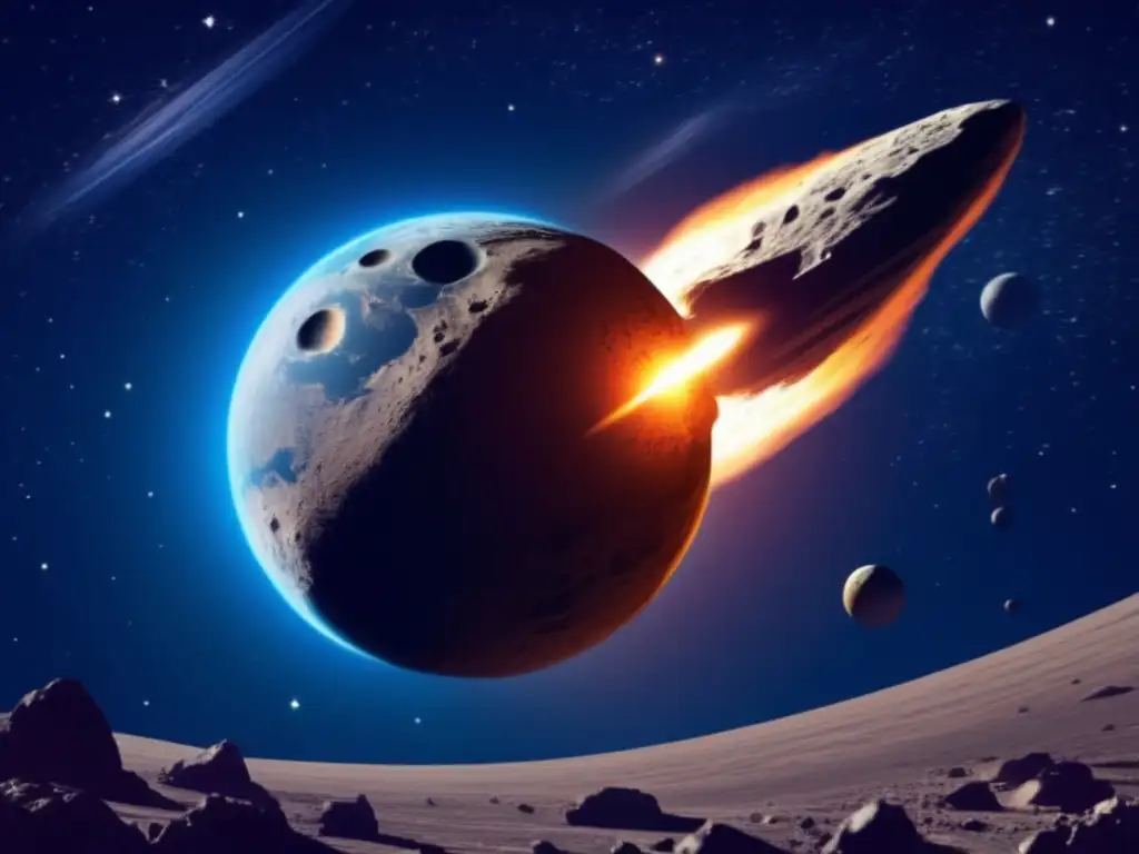 A photorealistic image of a gigantic asteroid hurtling towards Earth, with its dark surface starkly contrasting against the bright stars in the background