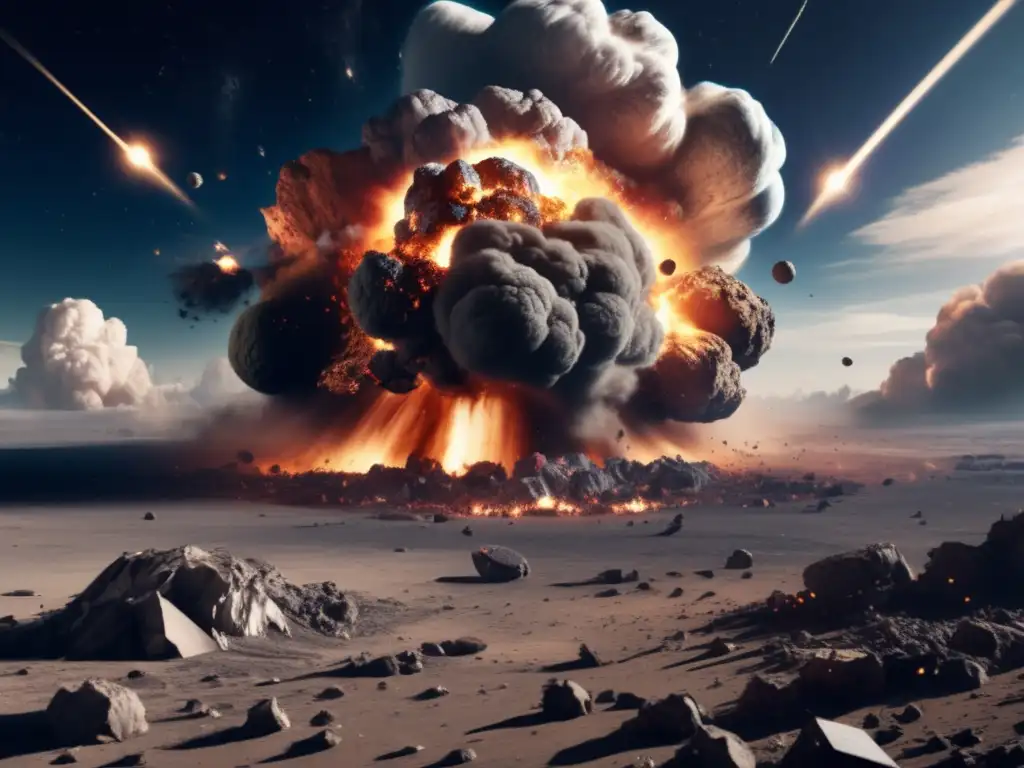 A photorealistic image of a modern spacecraft orbiting around a giant explosion in space, surrounded by a cloud of debris and destruction