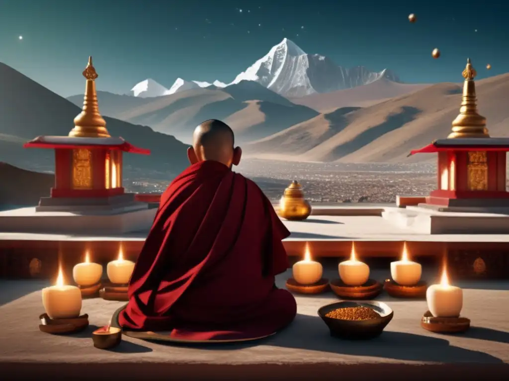 A photorealistic depiction of a mystical Buddhist monastery on a clear mountain day, with Tibetan style motifs and a Greek influence