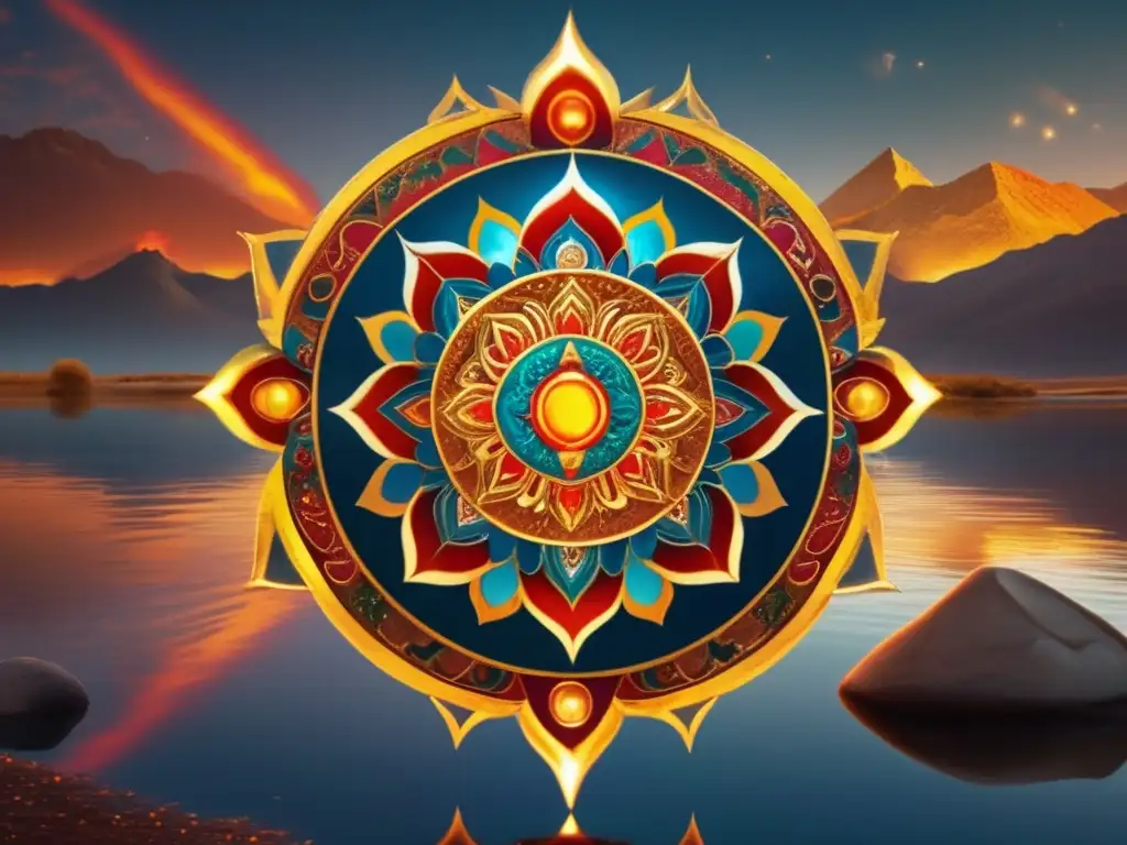 A stunning Tibetan mandala, vibrantly painted with fiery hues, stands still in a serene pool, mirrored perfectly in still water