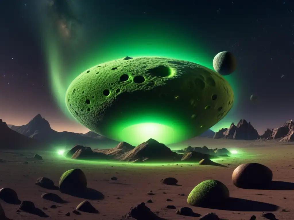 A mesmerizing photorealistic depiction of a verdant and cratered glowing ' object, cosmic rubble swirling around its core, illuminating the surface in a hypnotic rotation- Stoke the cosmic curiosity with this depiction!