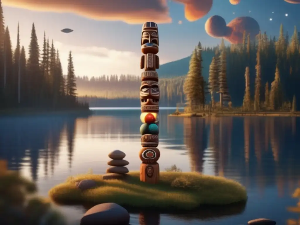 A photorealistic totem pole adorned with intricate celestial carvings stands tall amidst a serene lake and lush forests, symbolizing the spiritual significance of asteroids in indigenous culture