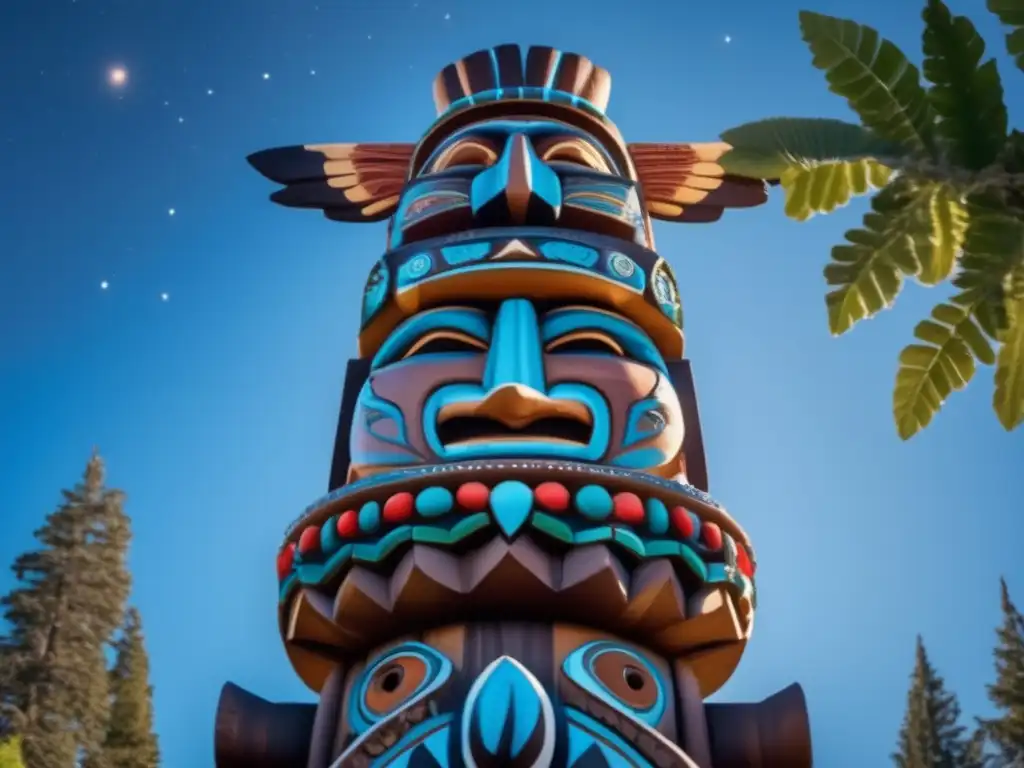 Captivating totem pole meticulously carved with celestial objects and asteroids, surrounded by lush foliage and Azure sky