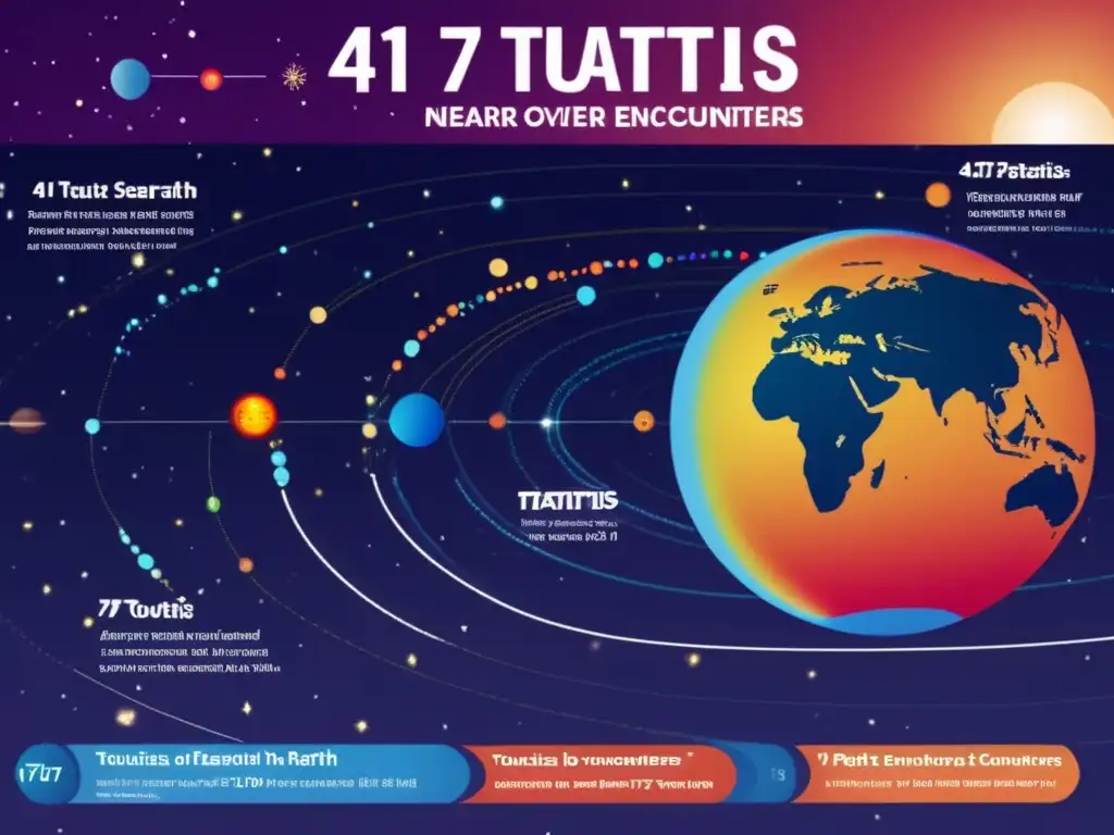 A photorealistic infographic showcasing 4179 Toutatis' nearEarth encounters over the past few centuries