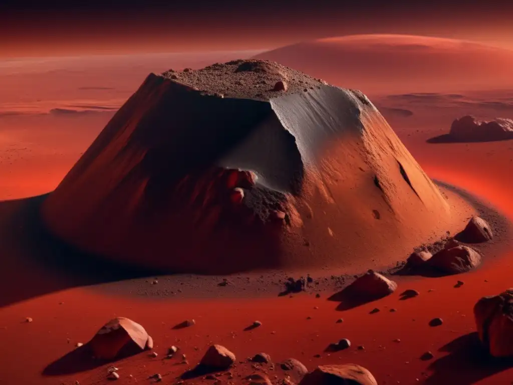 Photorealistic depiction of Toutatis hurtling through the Martian red landscape, with 2 km in diameter, high-resolution surface features, craters, and rocks in stunning detail