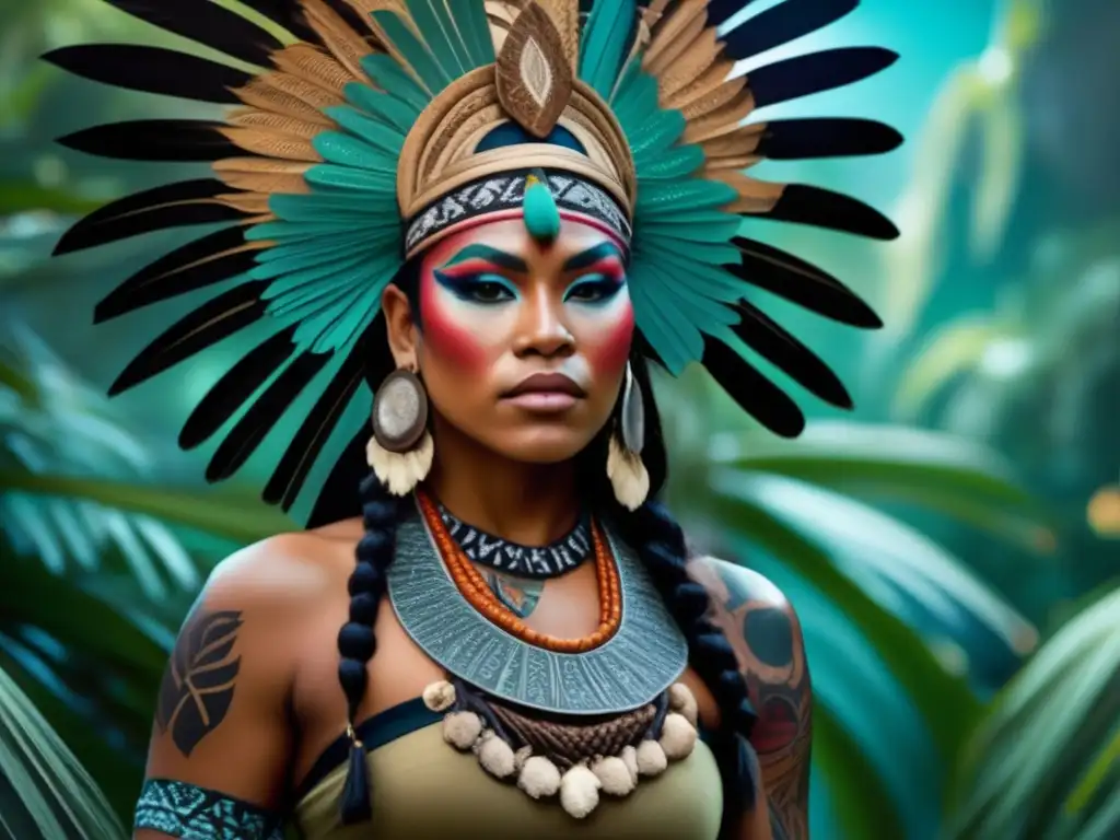 A stunning Pacific Islander traditional dancer, with an adorned headdress and intricate tattoos, stands amidst lush tropical foliage and ornate stone masks, surrounded by a captivating asteroid field in the background, highlighting the beauty and richness of their cultural heritage