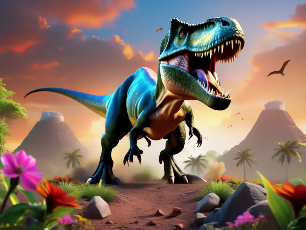 A photorealistic image of a Tyrannosaurus Rex standing on the edge of an impact crater, surrounded by lush vegetation and colorful flowers