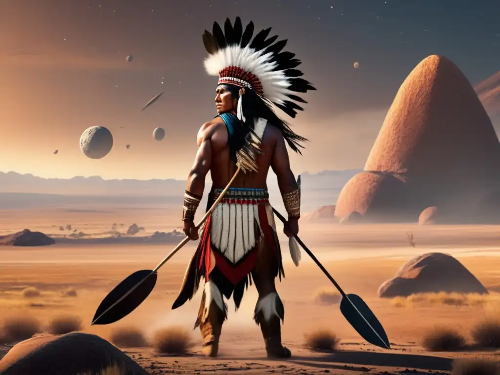 A native tribesman stands tall amidst a sea of crashing asteroids, his spear held high in defense against the barren, desolate landscape