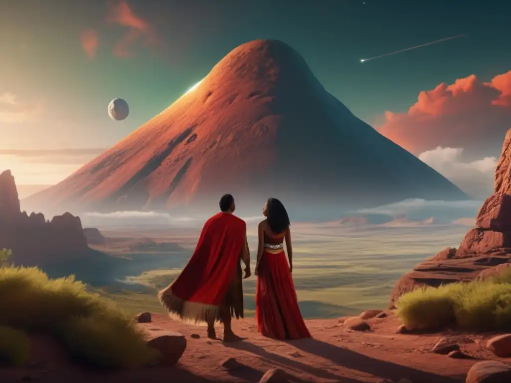 Two Native Americans stand on a rocky cliff, clad in traditional garb, facing the slow descent of a large red asteroid towards the ground
