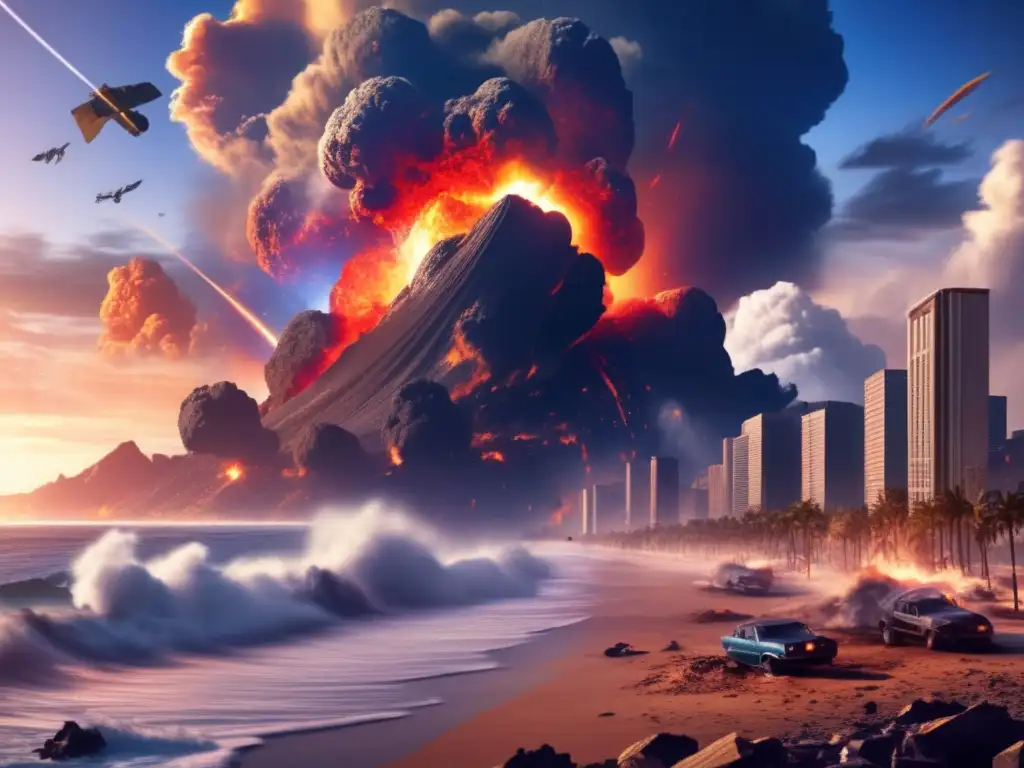 An image of a massive asteroid collision with Earth, causing a tsunami to engulf coastal cities