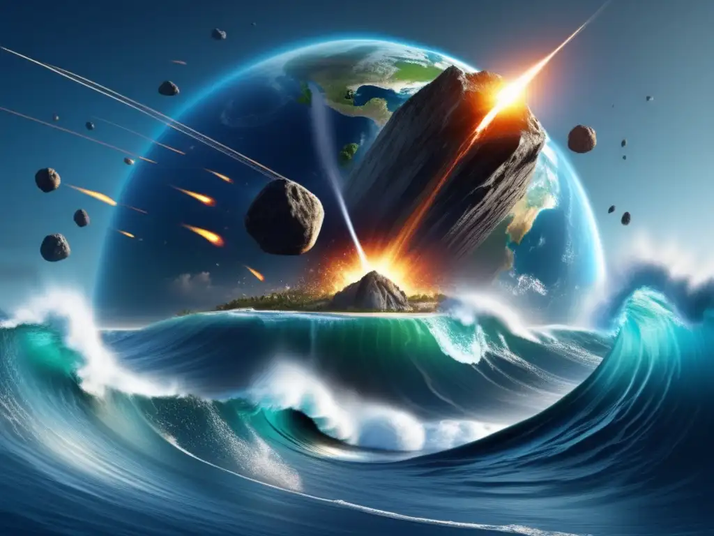 Photorealistic digital illustration of asteroid impacts on Earth's oceans resulting in massive tsunamis on ancient coastal cities