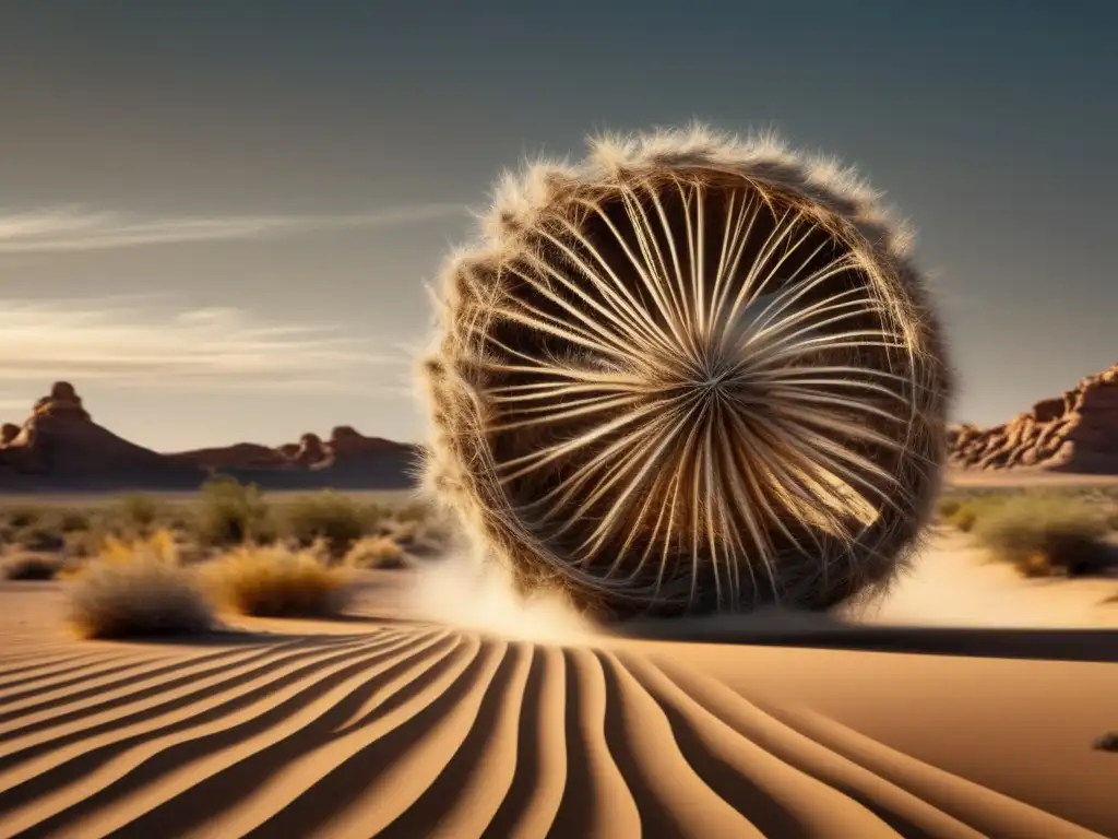 A starkly beautiful image of a weathered tumbleweed rolling through the desert, captured by a skilled photographer