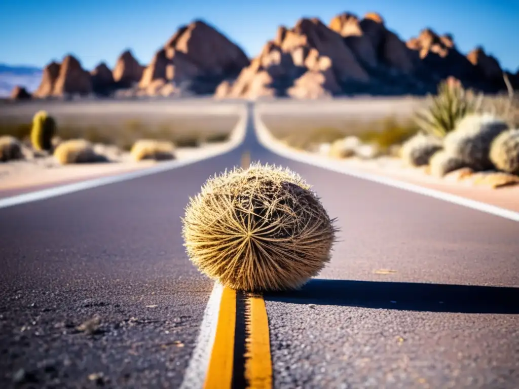 In this photo, a tumbleweed stands alone in a barren landscape, surrounded by jagged rocks and cacti