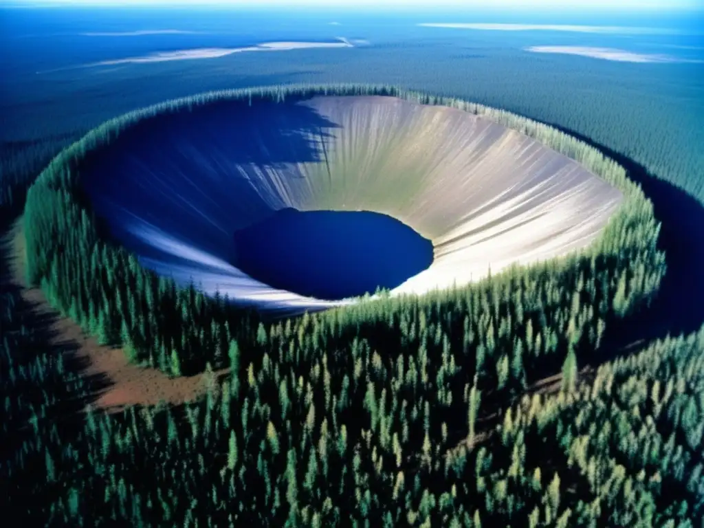 A stunning aerial view of the Tunguska crater, showcasing the immense destruction caused by the impact