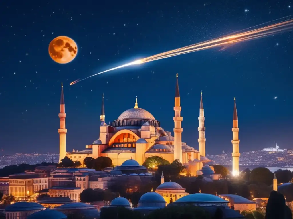 A striking image of an orange meteor streaking across Istanbul's iconic landmarks under a moonlit sky