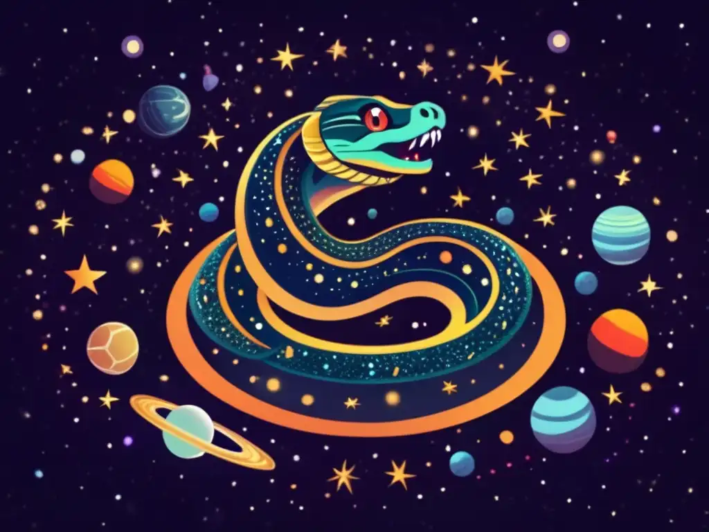 A photorealistic image captures the majestic serpent, coiled in the shape of the orbits of five asteroids, with stars near planets in the backdrop