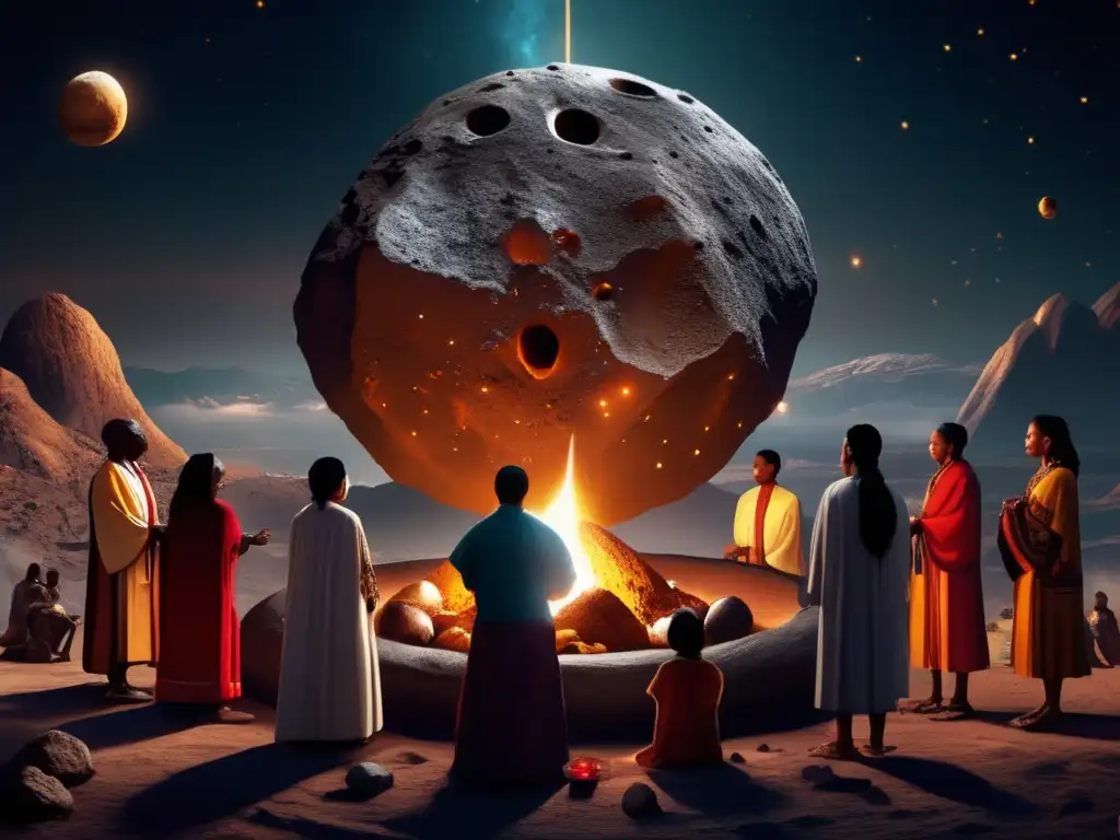 An asteroid shines as people from diverse cultures gather for a solemn ritual, united in mutual respect and awe