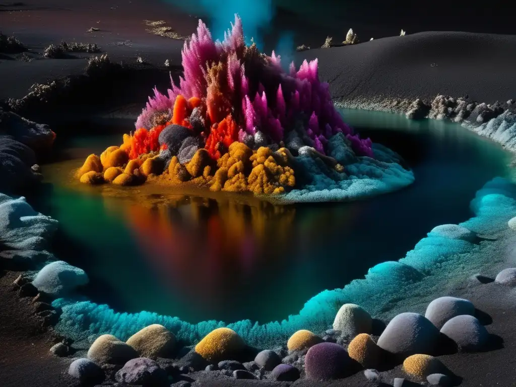 A serene pond surrounds a vent, where vibrant colors of ancient rocks and minerals reign supreme against a black backdrop