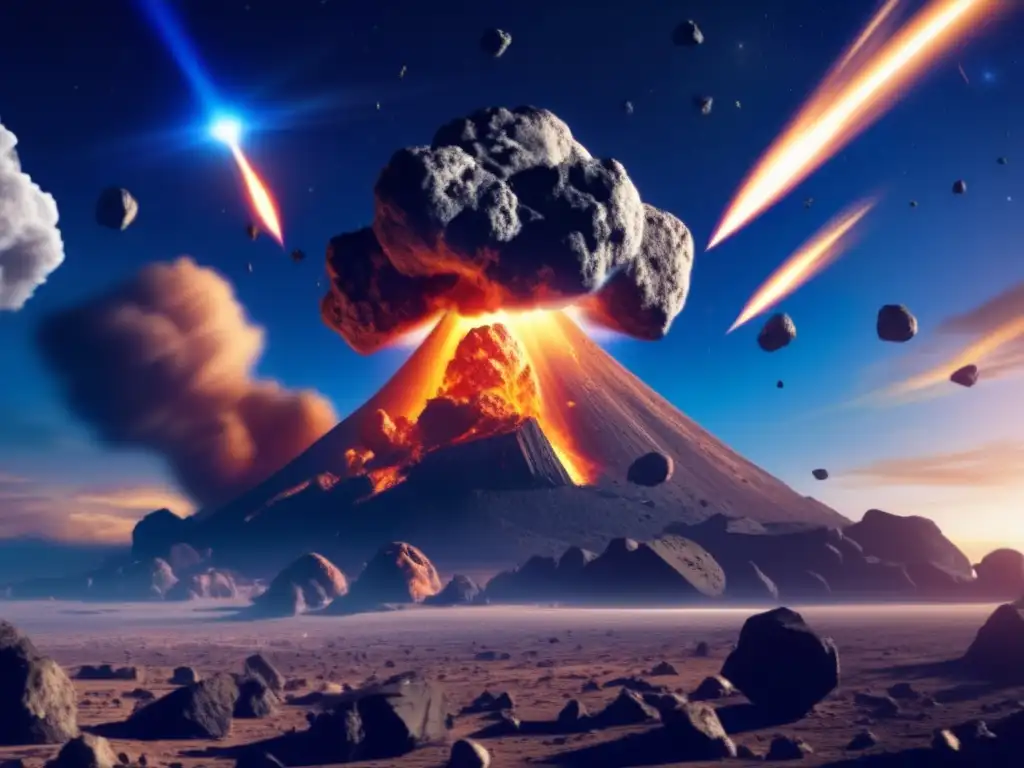 A photorealistic image of a devastating asteroid collision causing a meteor storm on Earth
