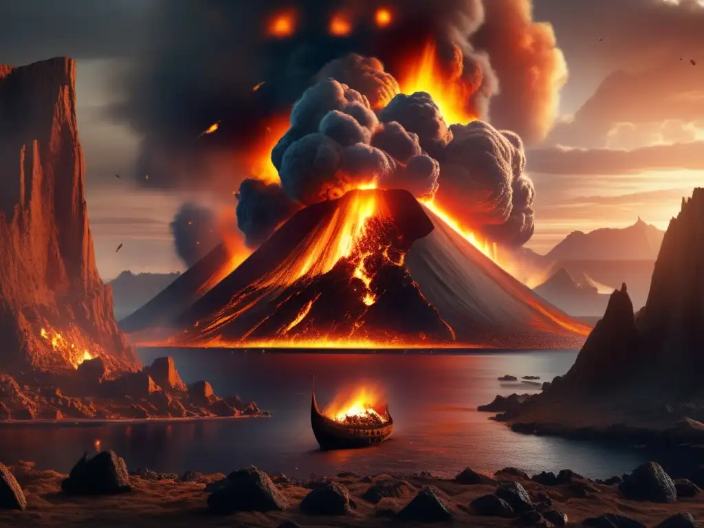A haunting photorealistic image depicts an asteroid crater erupting in flames against a backdrop of a rugged Viking landscape