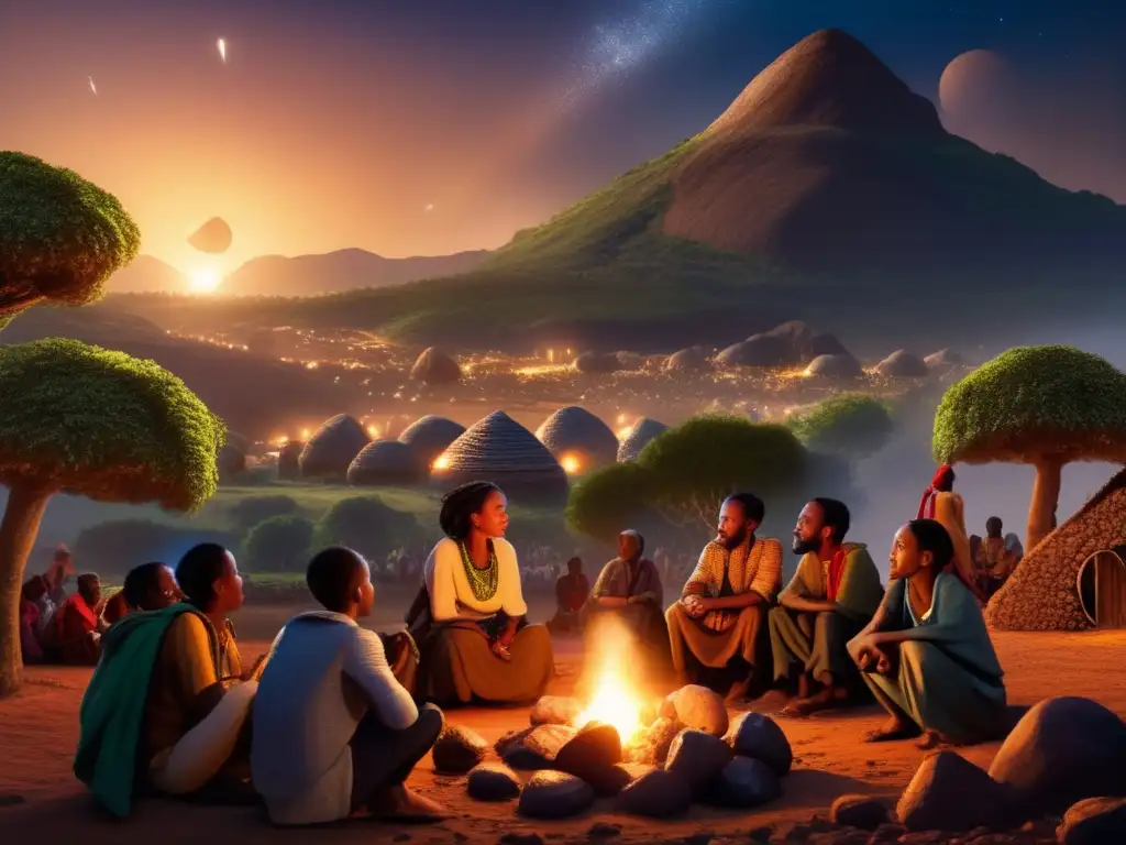 Ethiopian village nestled in the heart of rocky mountains, surrounded by an otherworldly glow from celestial bodies above