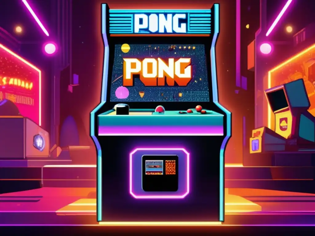 A mesmerizing vintage Pong arcade cabinet, illuminated by neon lights and set in a dimly lit cavern with crystal and metal accents