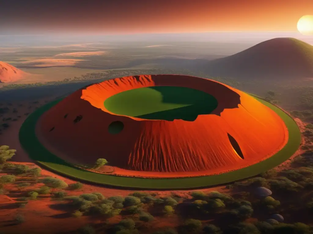 A captivating 8k high-resolution image of the Vredefort Dome, seen from above as the sun sets behind it, bathes the dome in warm red and orange tones