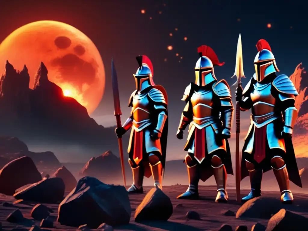 A breathtaking photo of a fearless group of warriors, adorned in ancient armor, standing atop rocky terrain amidst a glow from a raging asteroid