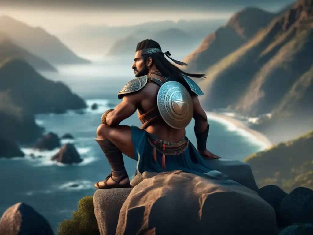 A photorealistic warrior poised atop a stone, overlooking an endless ocean and towering mountains in the distance