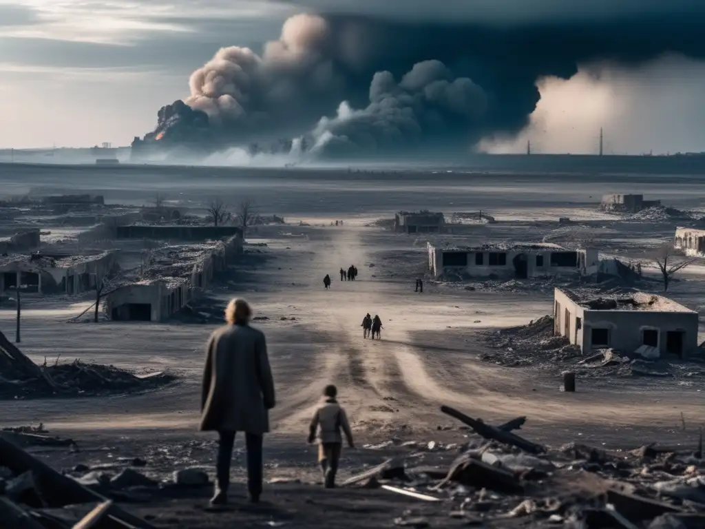 A haunting aerial shot captures the devastation of a barren wasteland, with shattered buildings, fallen trees, and ash clouds visible in the dark sky