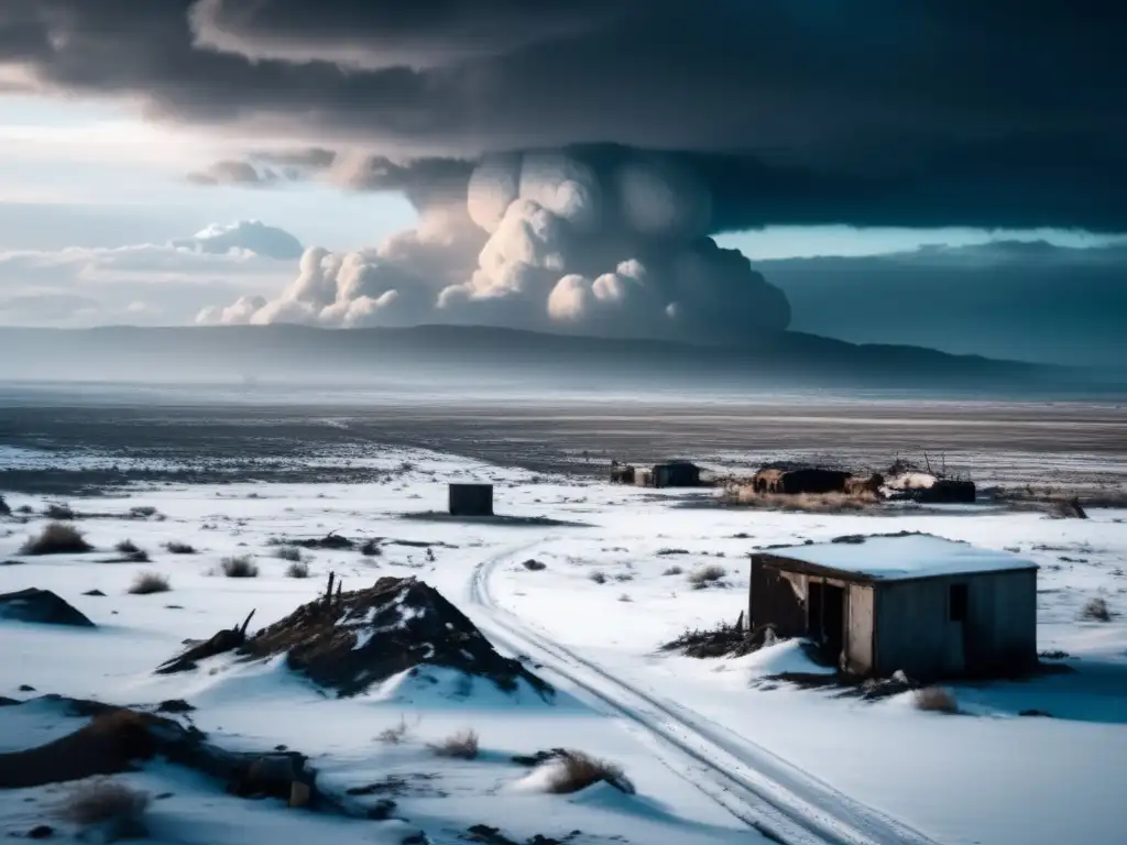 A gripping and melancholic image depicts a post-apocalyptic world, blanketed in icy snow and debris