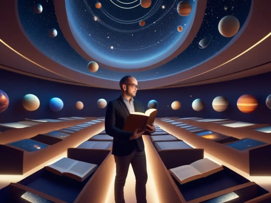 A stunning photorealistic portrait of astronaut Gareth Williams in a planetarium, clutching a book while surrounded by a breathtaking 3Dmap of countless minor planets, expertly drawn out in orbits