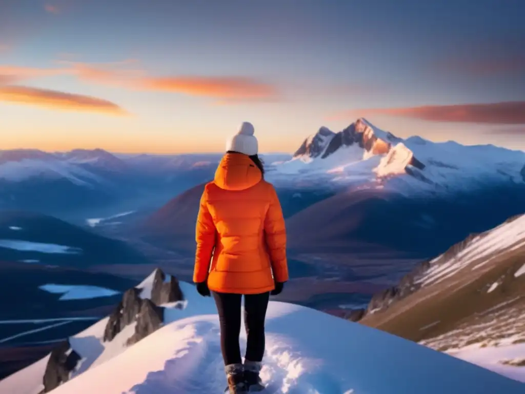 A breathtaking, photorealistic composition of a woman standing atop a mountain peak, gazing out at a majestic landscape