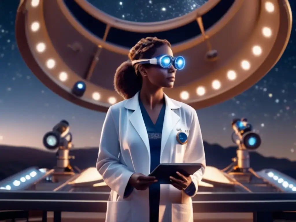 -A woman stares at the stars through a massive telescope, surrounded by astronomical tools and equipment, including a laptop computer, star charts, and astrolabe- her eyes full of wonder and curiosity, as she explores the mysteries of the universe, captivated by its infinite beauty and complexity