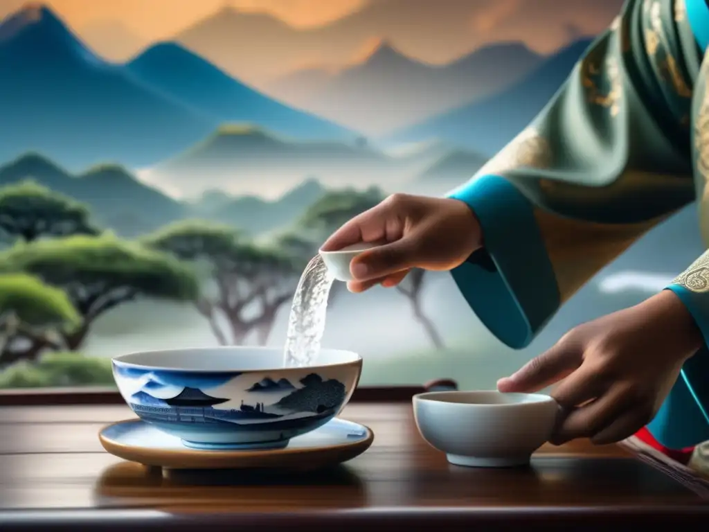 An ancient Chinese scholar pours wisdom from the sky into a deershaped tea bowl, amidst an abstract Chinese landscape with Mount Kilimanjaro reaching towards heaven