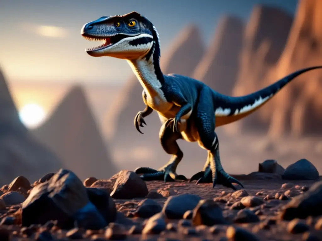 Avelociraptor standing atop an asteroid, scrutinizing a group of trapped peers below