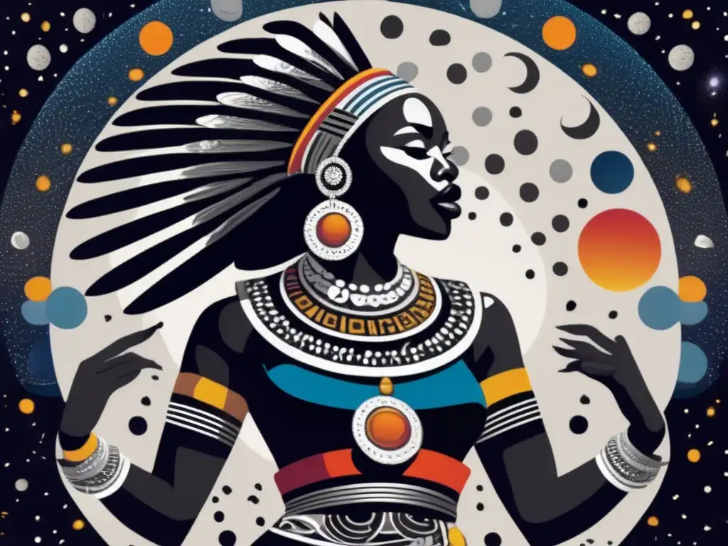 Dancer in black and white, movements graceful and vibrant, surrounded by asteroids and a full moon, depicting Zulu mythology's celestial elements