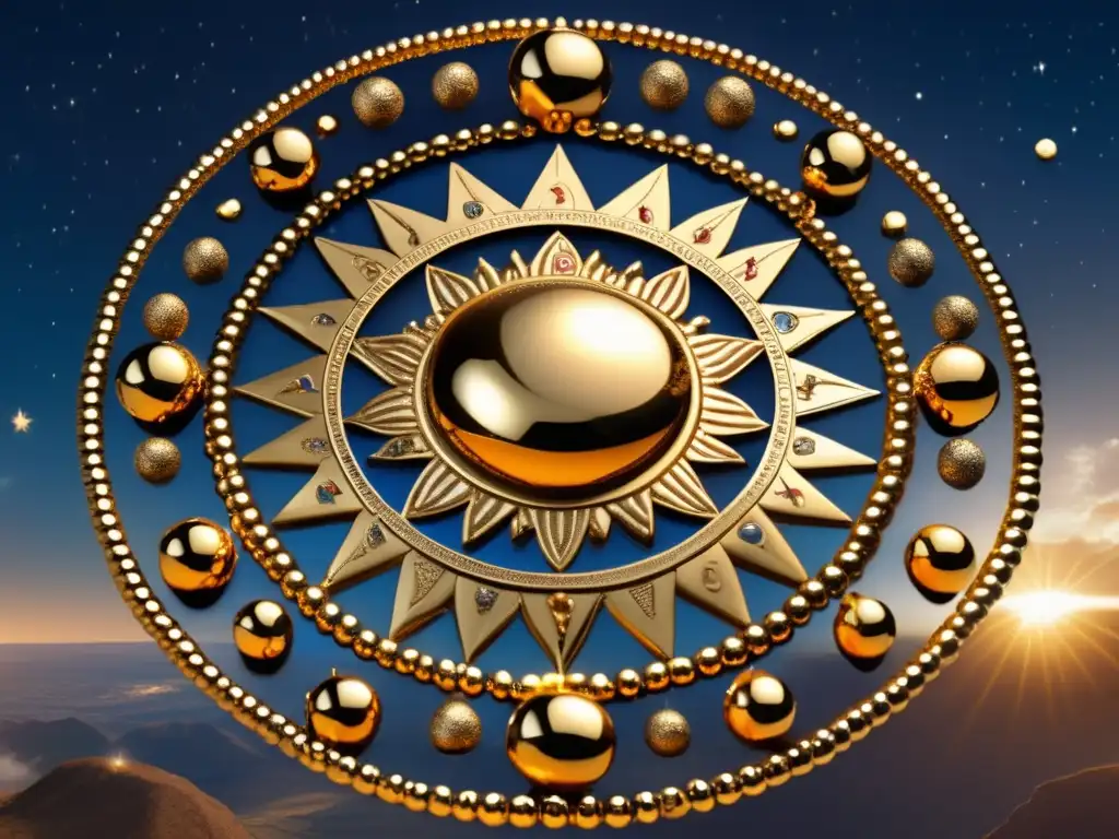 A majestic depiction of the Zulu Sun Disc in the sky, symbolizing Nyama's control over cosmic bodies, with a cast of planetary and asteroid signs